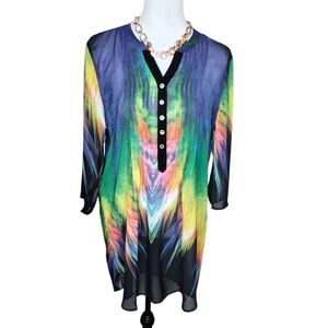 Serengeti Multicolor Sheer Button-Down Women's Tunic Top Size M